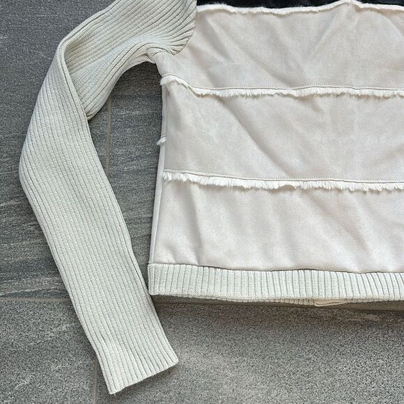 NWT Chaser Faux Suede Faux Fur Sweater Sleeve Snap Bomber Jacket w/ Pockets M - Picture 9 of 15